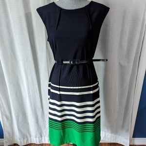 navy and green striped belted office wear dress